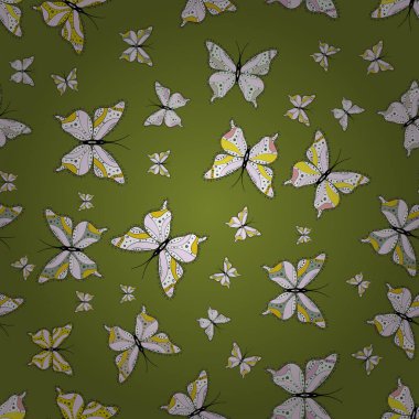 Vektör. Beyaz, nötr ve yeşil renkte sanat kelebekleri. Çocuk kelebeklerin pürüzsüz deseni. Kağıt, kumaş, ambalaj ve eskiz tasarımı için sevimli bir arkaplan.