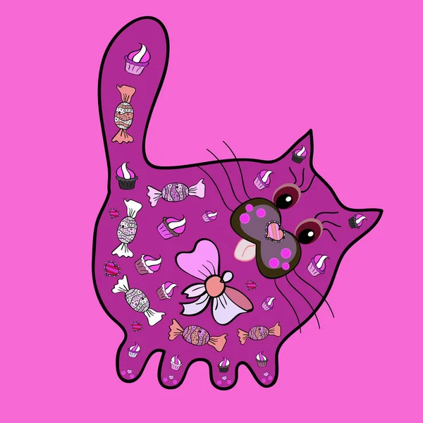 Padrão Doodles Bonito Com Gatos Fundo Vetorial Tracery Roxo Preto — Vetor de Stock