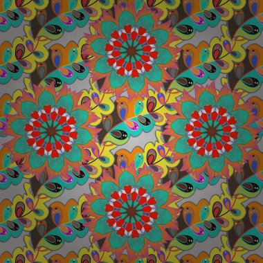 Gri, yeşil ve turuncu arka planda kusursuz vektör çizimi. Çizgi film tarzında boyanmış tropikal egzotik yapraklar soyut renkler.