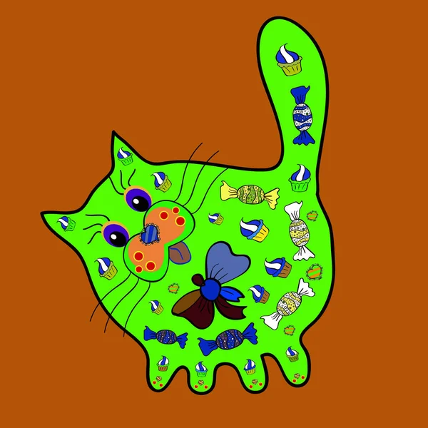 可爱的矢量草图与花和猫 漂亮的图片为Sketchs 纺织品 废料预订 凯蒂的背景 图像为黑色 橙色和绿色 素描草图 — 图库矢量图片