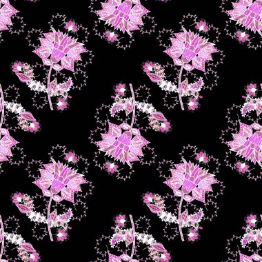 Düz Çiçek Elementleri Tasarımı. Siyah, pembe ve beyaz renkte çiçekler. Vektör illüstrasyonundaki modaya uygun çiçek deseni. Renkli Yaz Temalı Kusursuz Arkaplan.