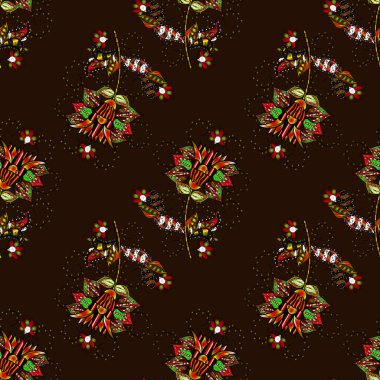Renkli desenli, kahverengi, siyah ve kırmızı çiçekler ve dekoratif elementlerle kusursuz desen. Eski usul. Vektör çizimi. Kumaş, tekstil ve çizim için. Kusursuz arkaplan.
