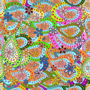 Güzel kumaş deseni. Düz karalamalar. Turuncu, mavi ve yeşil renkte elementler. Vektör çizimi. Kusursuz Yazdır. Tasarım.