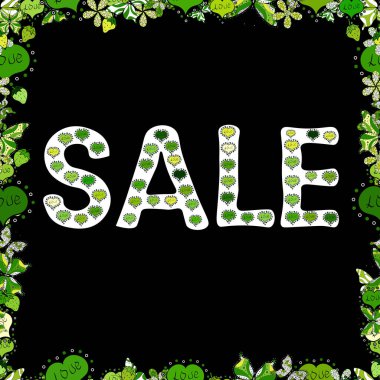 Beyaz, siyah ve yeşil renkli resim. Kusursuz desen. Arka planda yaz indirimi afişi, afiş, el ilanı, davetiye, poster, web sitesi veya tebrik kartı için egzotik tasarım. Vektör illüstrasyonu.