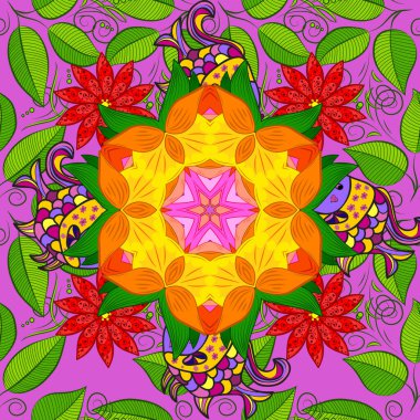 Tekstil, kumaş, kapak, eskizler, baskı, paket, koleksiyon defteri, örgü, dekupaj için çiçeksiz arka plan. Küçük yeşil, turuncu ve menekşe çiçekleriyle oldukça eski bir besin torbası deseni..