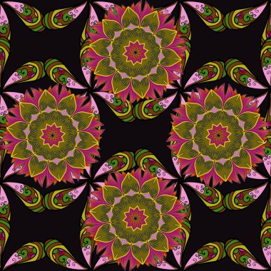 Tişörtsüz arka plan deseni. Tropik çiçekler. Mor, siyah ve kahverengi renkte çiçekler.