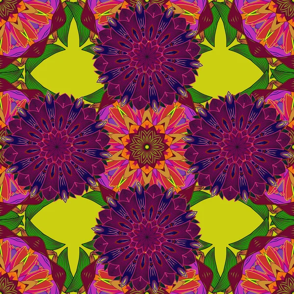 Çiçek kırmızısı, mor ve sarı pürüzsüz desen. Vektör çiçek izi. Klasik taslak çizimi. Vektör Yumuşak kumaş deseni.