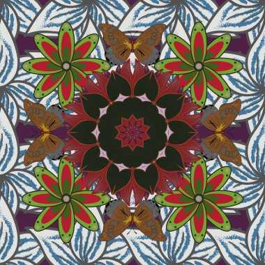 Renkli Bahar Temalı Kusursuz Arkaplan. Düz Çiçek Elementleri Tasarımı. Asya tekstil tarzında. Kusursuz çiçek deseni. Vektör çizimi. Gri, kahverengi ve kırmızı renkte çiçekler.