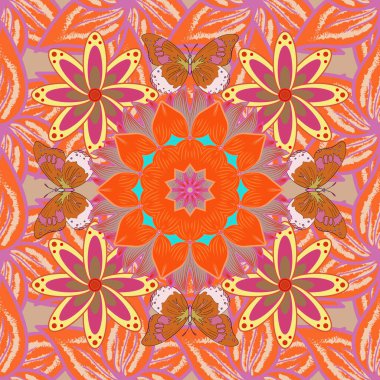 Nazik, sevimli çiçek arkaplanı. Çiçekli karalama şeklinde vektör deseni. Çiçekler bej, turuncu ve pembe renklerde.