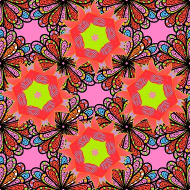 Vektör soyut stilize edilmiş renkli mandala. Pembe, turuncu ve siyah renkli karmaşık renkli Arabesk..