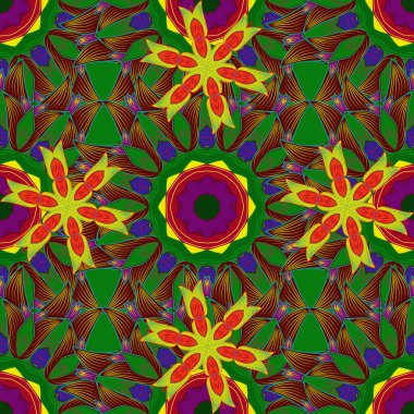 Sarı, yeşil ve kırmızı renkte şirin çiçekler. Küçük çiçekli basit, dikişsiz desen. Vektör çizimi. Moda baskısı, albüm, ambalaj kağıdı ve çizim için zarif dekoratif süslemeler..