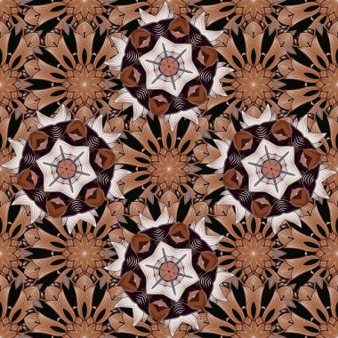 Vektör çizimi. Kahverengi, nötr ve siyah renkte çiçekler. Renkli Bahar Temalı Kusursuz Arkaplan. Kusursuz çiçek deseni. Asya tekstil tarzında. Düz Çiçek Elementleri Tasarımı.