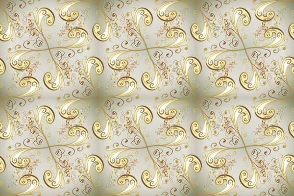 Gold Wallpaper on texture background. Damask seamless repeating background. Golden element on neutral and gray colors. Gold floral ornament in baroque style.