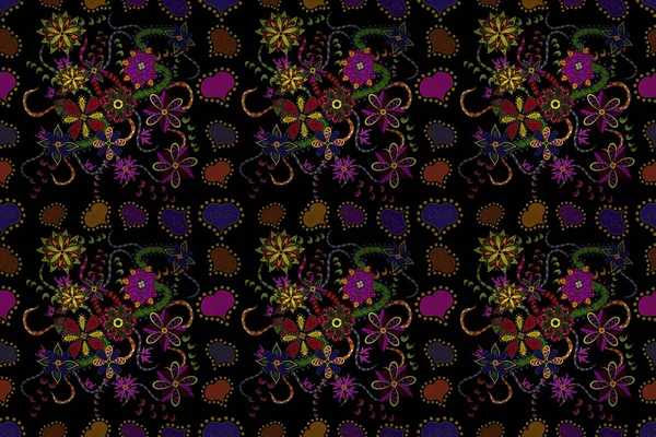 Flat Flower Elements Design. Colour Summer Theme seamless pattern Background. Trendy seamless Floral Pattern In Raster illustration. Flowers on brown, black and green colors.