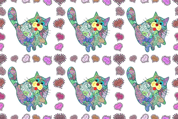 Animal silhouette. Seamless pattern of doodles cats on white, neutral and blue colors. Simple feminine pattern for print, card, invitation. Raster illustration. Wallpaper and fabric design and decor.
