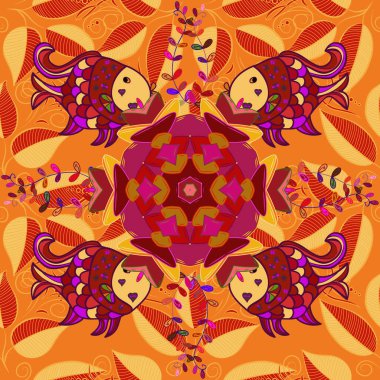 Suluboya balık deseni. Kırmızı, turuncu ve sarı. Vektör çizimi. Kusursuz..