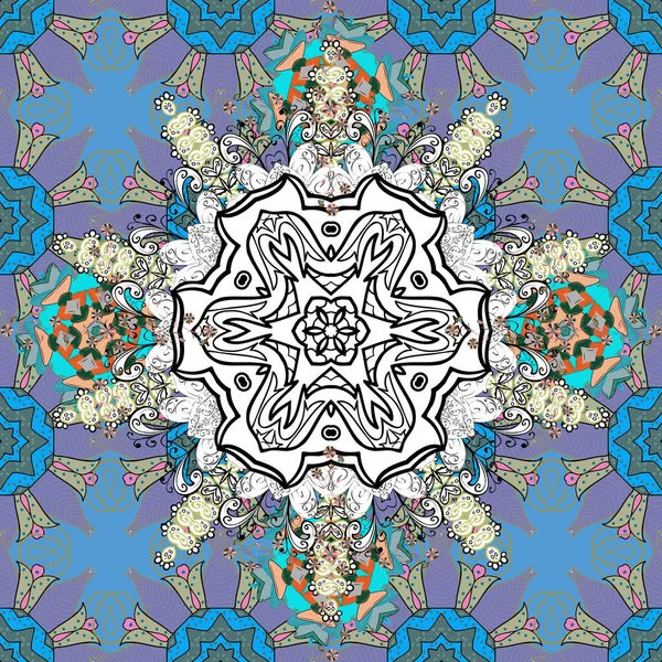 Vektor Abstraktes Muster Handgezeichnetes Farbiges Mandala Violetten Weißen Und Blauen — Stockvektor