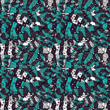 Renklere mavi, kahverengi ve siyah karalamalar. Kusursuz güzel kumaş deseni. Vektör.