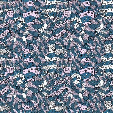 Vektör. Karalamalar tarafsız, mavi ve siyah renklerde. Modaya uygun kumaş deseni. Kusursuz Desen Yazdırma.