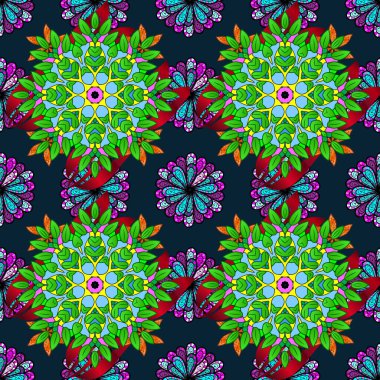 Siyah, yeşil ve mavi renkte çiçekler. Renkli Bahar Temalı Kusursuz Arkaplan. Çiçekle kusursuz desen. Düz Çiçek Elementleri Tasarımı.