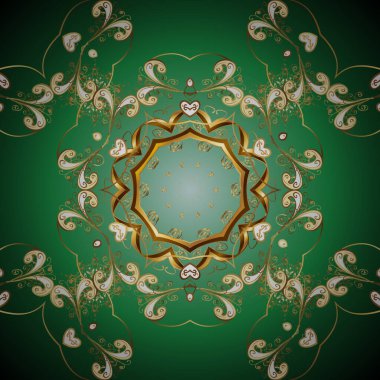 Altın desenli mavi ve yeşil renklerde altın elementler. Vektör geometrik arkaplan. Tasarımın için, skeç. Altın renkli illüstrasyon.