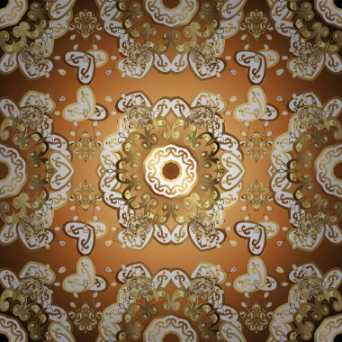 Vektör altın tekstil izi. Kahverengi ve beyaz renklerde altın desenli altın elementler. Kusursuz desenli oryantal süs. İslam tasarımı. Çiçek karoları.