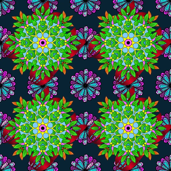 Bloemen Zwarte Groene Blauwe Kleuren Kleur Voorjaar Thema Naadloos Patroon — Stockvector