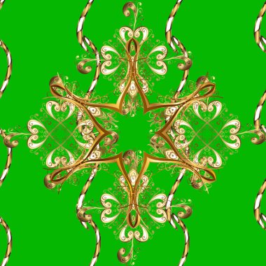 Barok tarzında altın çiçekli süs. Kahverengi ve yeşil renklerde altın element. Damask kusursuz yinelenen arkaplan. Doku arkaplanı üzerine altın çizim.