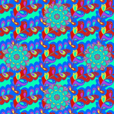 Vektör. Turkuaz ve mavi, kırmızı ve yeşil tropikal yapraklar. Moda, iç mekan, ambalaj, uygun ambalaj. Mükemmel avuç içleri olan kusursuz grafik tasarımı. Mavi, kırmızı ve yeşil renklerde çeşitli yapraklar.