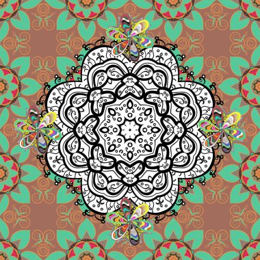 Orient, simetri danteli, kumaş. Doğu, İslam, Hintli, motifler. Mavi, beyaz ve kahverengi renklerde Arapça mandala deseni. Etnik doku. Düğün, tatil kartı. Vintage vektör dekoratif süsü. Renkli.