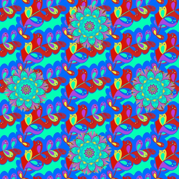 Vektör. Turkuaz ve mavi, kırmızı ve yeşil tropikal yapraklar. Moda, iç mekan, ambalaj, uygun ambalaj. Mükemmel avuç içleri olan kusursuz grafik tasarımı. Mavi, kırmızı ve yeşil renklerde çeşitli yapraklar.