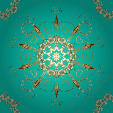 Mavi ve bej renklerde altın elementlerle kusursuz desen. Vektör. Parlak dantel, stilize çiçekler, şal desenli. Doğu tarzı arabesk. Kusursuz altın bukleler. Zarif altın deseni aç.