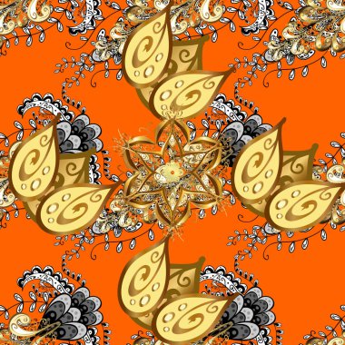 Sarı ve turuncu renklerde altın rengi ve altın elementler. Vektör çizimi. Tekrarlayan elementlerle soyut vektör arkaplanı. Kusursuz, klasik altın desen..