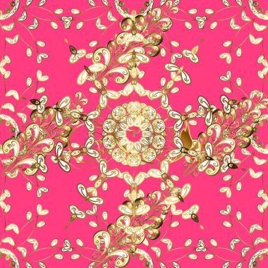 Pembe ve beyaz renklerde altın elementlerle kusursuz desen. Kusursuz klasik vektör altın deseni. Geleneksel oryantasyon süsü. Klasik vintage arkaplan.