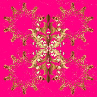 Kumaş ve tekstil için harika, eskiz, ambalaj ya da her istenen fikir için. Eski model. Geleneksel, etnik, Türk, Hint motifleri. Magenta ve kahverengi süslemeli, çiçeksiz desenli. Vektör illüstrasyonu.