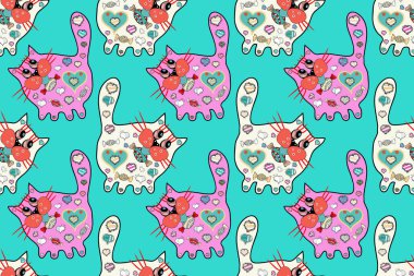 Sonsuz. Raster illüstrasyonu. Kusursuz desen. Tarafsız, mavi ve pembe renklerde bir iz sürücü. Çizim, karalama, karalama. Tebrik kartları, düğün davetiyeleri, logo, kumaş baskısı için kullanılabilir. Kediler