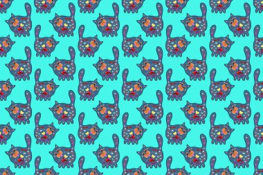 Tekstil, ambalaj, duvar kağıtları, hatıra defteri için hoş bir desen. Duvar kağıdı dokusu. Raster. Çizgi film tarzında kusursuz kedi deseni. Parmak izi tasarımı için şablon. Resimdeki renk: Mavi turuncu.