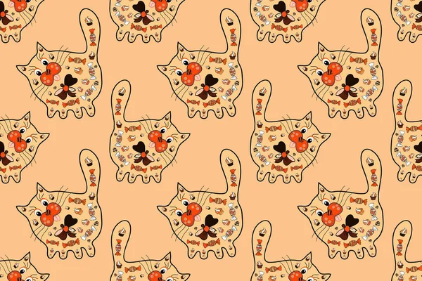 Seamless pattern of colored cartoon stickers. Nice pattern for packaging, Wallpapers, textile, scrapbooking. Depiction on beige, black and orange colours. Funny cartoon cats. Raster illustration.