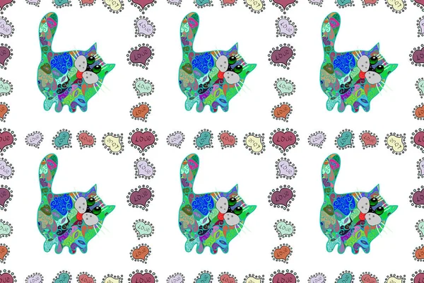 Raster Katze Illustration Rosa Blau Und Weiß Nahtlose Zeichnung Zentangle — Stockfoto