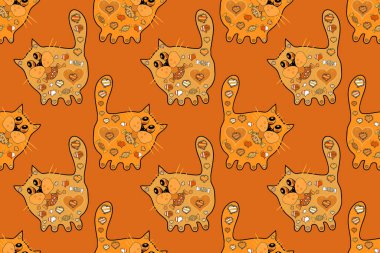 Sarı, turuncu ve siyah arka planda soyut desenleri olan el çizimi bir kedi. Zen sanatı. Kusursuz zen kedileri. Birleşme. Yetişkinler için ruhsal rahatlama tasarımı. Raster. Zentangle Tasarımı.