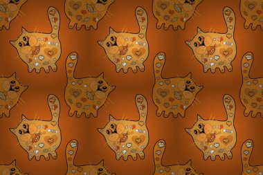 Neşeli kedi. Kusursuz desen. Desing, tekstil, duvar kağıdı, kıyafet üzerindeki moda baskılar için kullanılır. Raster illüstrasyonu. Resimler sarı, siyah ve turuncu renklerde.