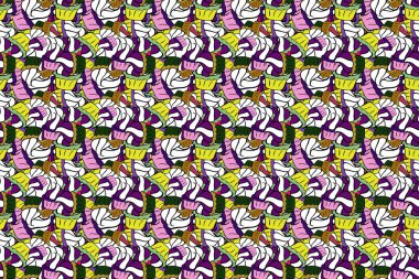 Raster illüstrasyonu. Sweets arka plan tasarımı. Elle çizilmiş resimli pasta. Siyah, beyaz ve sarı arkaplanda suluboya desenli kekler..