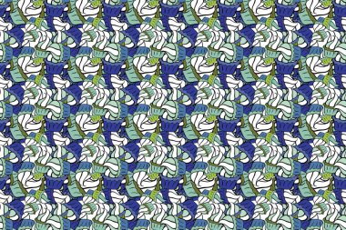 Raster. Beyaz, nötr ve mavi üzerine parlak doğum günü deseni. Keklerle suluboya kusursuz desen. Paket kağıdı.