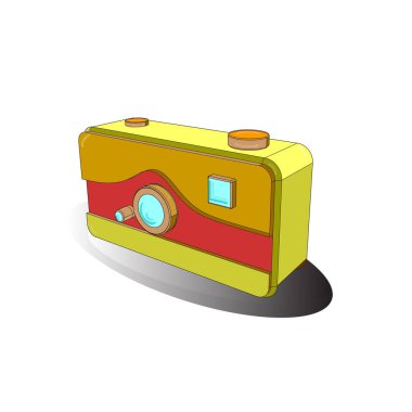 Modern basit 3 boyutlu fotoğraf tabelası. Beyaz, gri ve sarı renkli bir figür. Web sitesi tasarımı için son moda sembol. Kamera vektörü izole edildi. Anında Fotoğraf İnternet Konsepti.