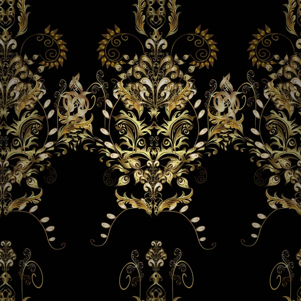 Векторний Безшовний Візерунок Золотим Антиквітковим Середньовічним Декоративним Орнаментом Листям Золотими — стоковий вектор