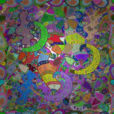 Düz elementler. Karalamalar mavi, menekşe ve yeşil renklerde. Güzel kumaş deseni. Tasarım. Vektör. Yazdır.