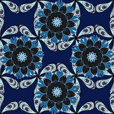 Süslü, doğu mandala renkli hatlarla. Tarafsız, gri ve mavi renklerdeki sanat, yuvarlak, renkli süsler..