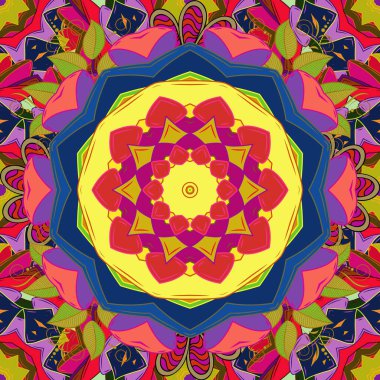 Vektör Mandala. Mavi, sarı ve mor renkli renkli yuvarlak süsleme deseni.