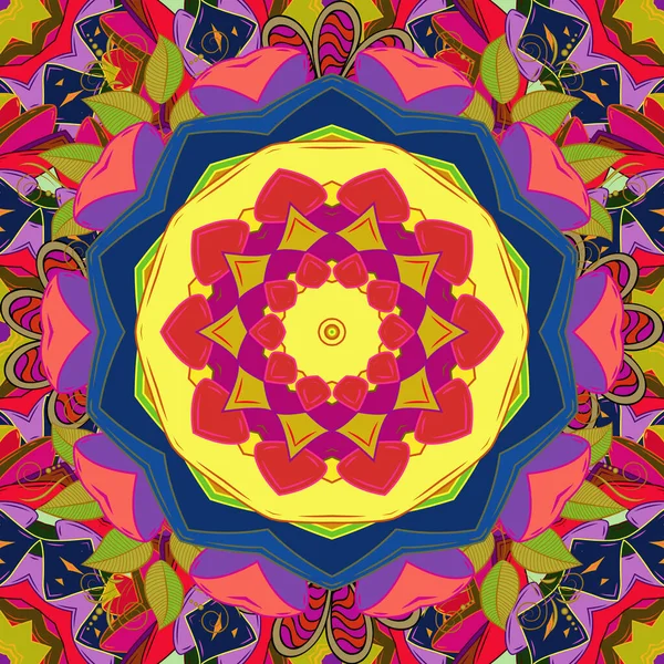 Vector Mandala Padrão Ornamento Redondo Colorido Cores Azul Amarelo Violeta — Vetor de Stock