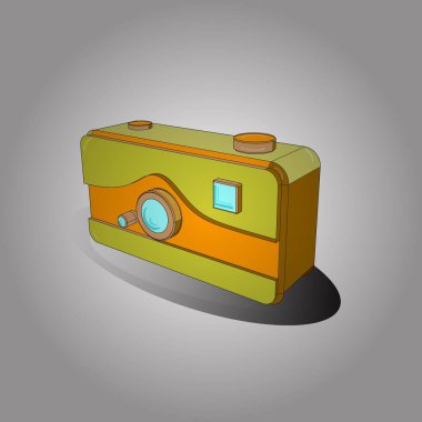 Fotoğraf makinesi. Eksonometri. Sarı, gri ve beyaz renklerle çizilmiş. Vektör illüstrasyonunda el çizimi çizimi. Üç Boyut.